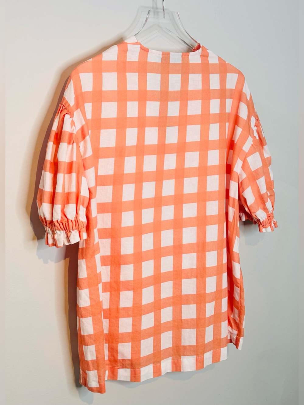 Brooke Wright Orange White Gingham V-Neck Puff Sleeve Tunic Blouse Shirt Top - Picture 5 of 10